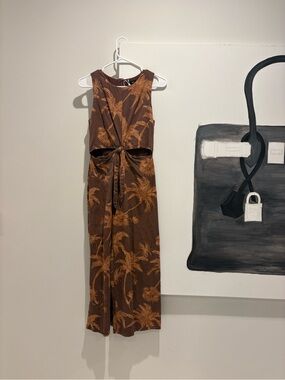 Mango Brown Midi Dress with Tan Palm Print and Front Tie